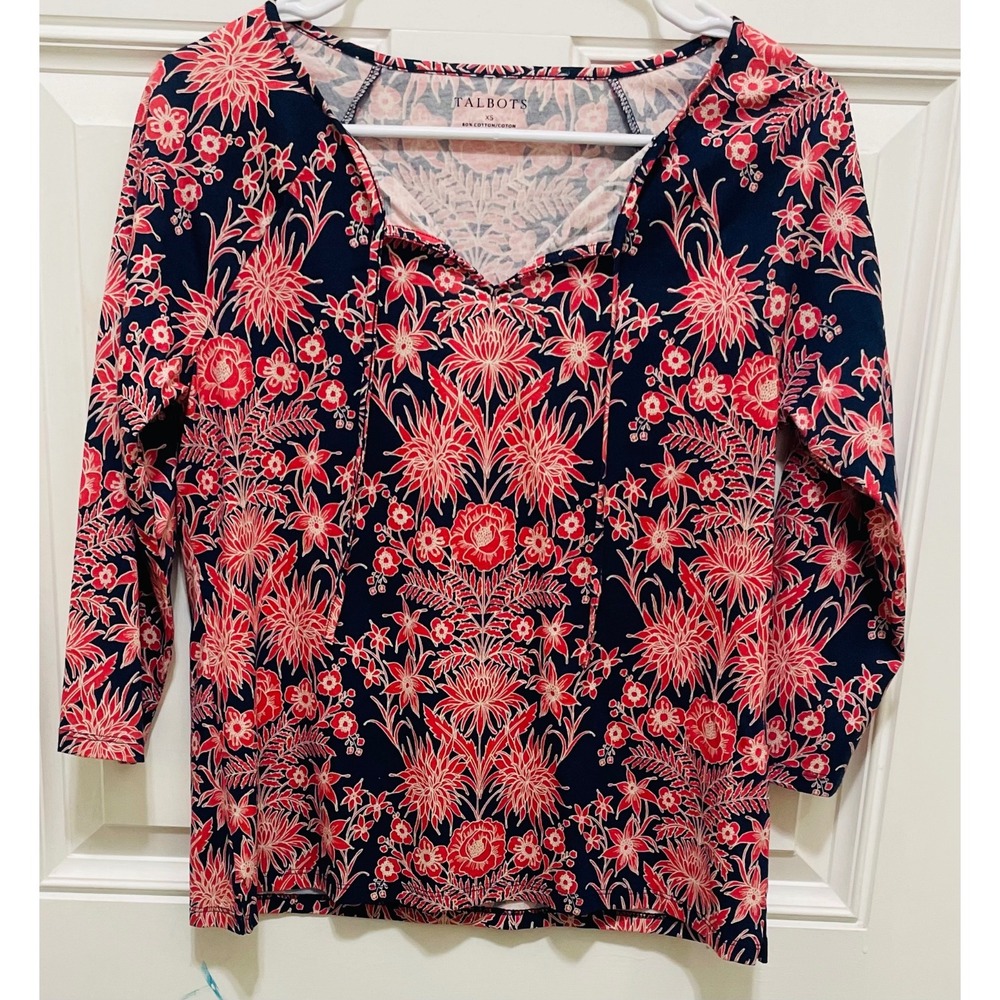 Talbots Floral Print Top 3/4 Sleeve V-Neck Blouse Red Blue‎ XS